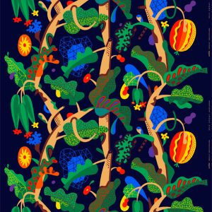 Unikuvia II, design Heikki Orvola. Värikäs fantasianomainen kasvikuvio yönsinisellä pohjalla.